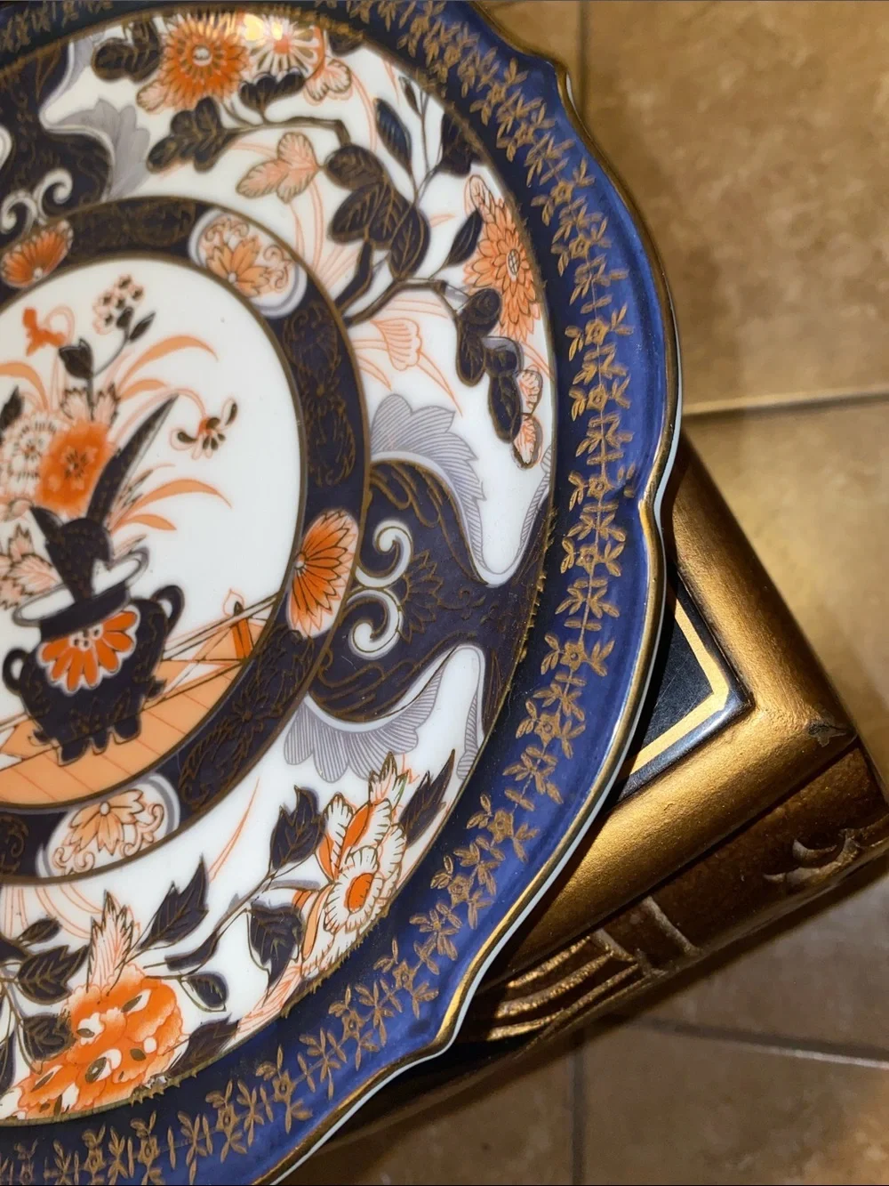 Vintage Decorative Porcelain Accent Plate in Navy, Orange, Gold - Floral Pattern